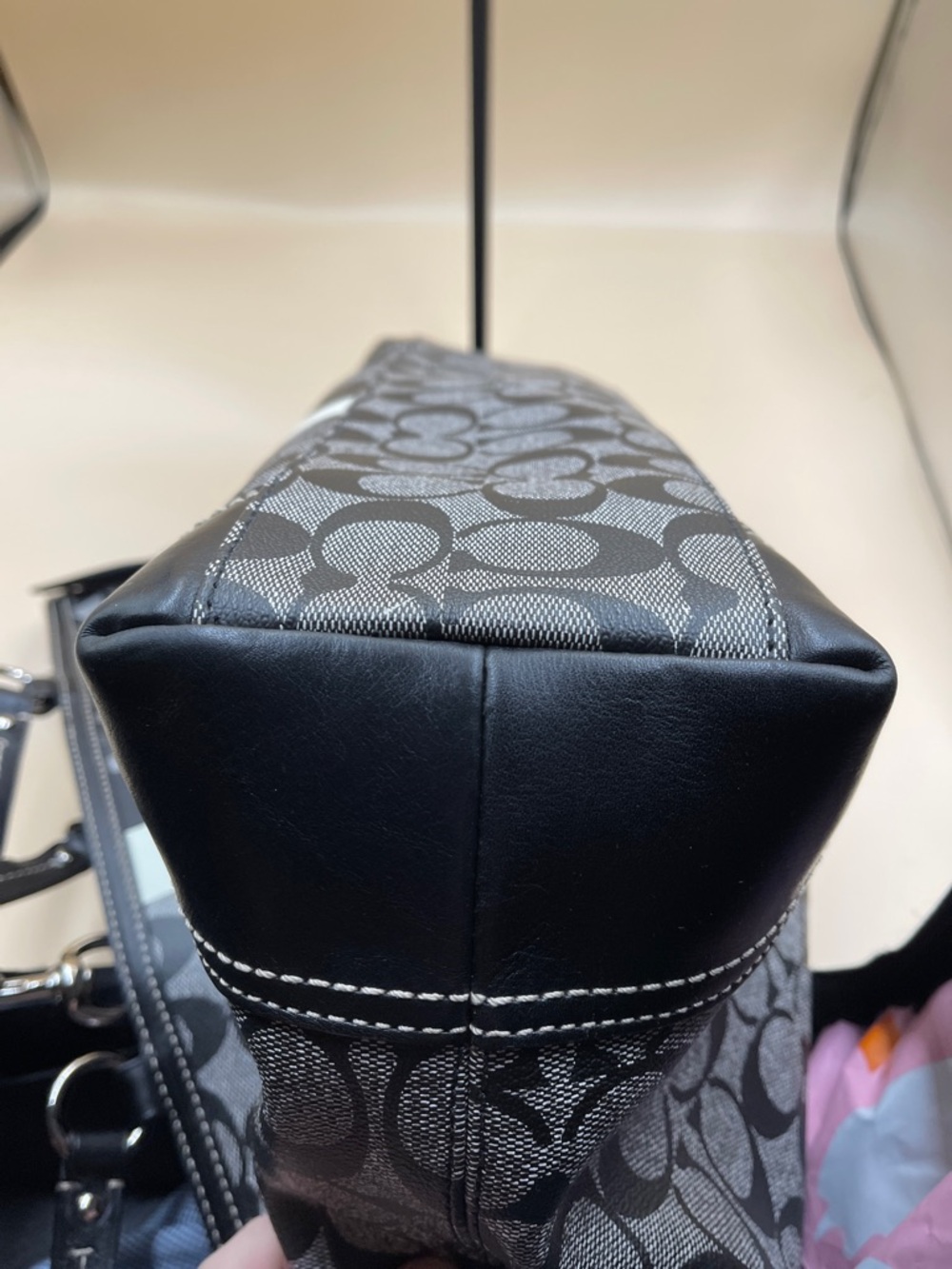 Coach Signature Stripe Tote Black and Light Gray Denim Canvas Look Work or Baby - Picture 10 of 11
